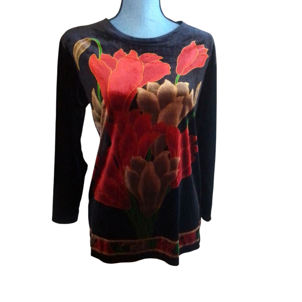 Vintage Stillman Studio Floral Black and Red Women's Top